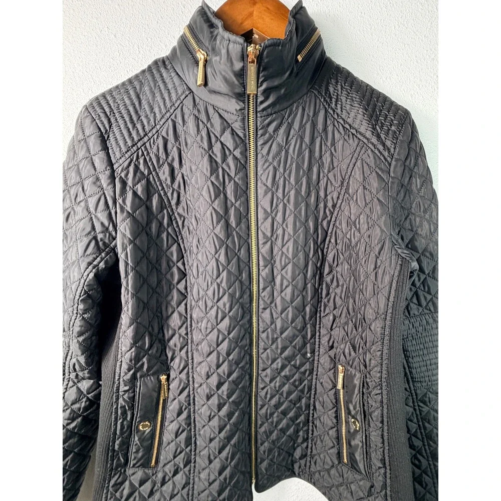 Michael Michael Kors Women's Black Quilted Zip Gold Snap Barn Fall Jacket Large